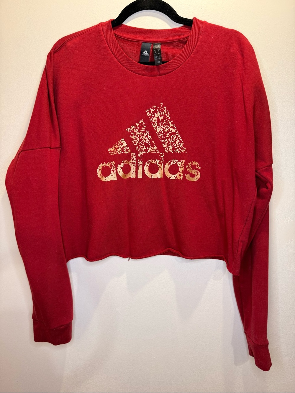 adidas Women's Red Cropped Crewneck Sweater with Distressed Logo